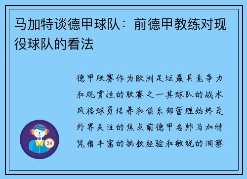 马加特谈德甲球队：前德甲教练对现役球队的看法