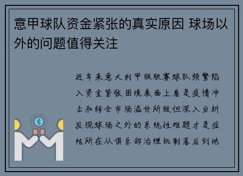 意甲球队资金紧张的真实原因 球场以外的问题值得关注